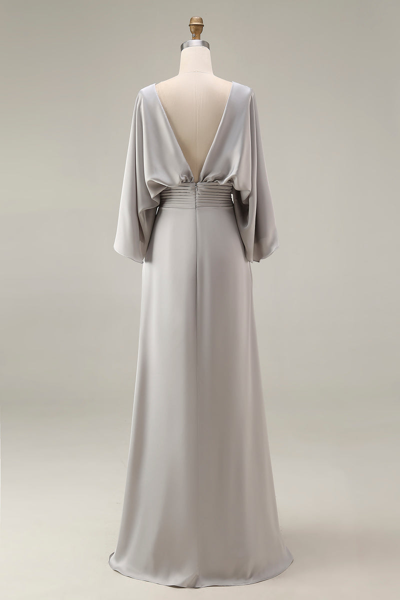 Load image into Gallery viewer, Silver Satin Long Mermaid Mother of the Bride Dress with Sleeves