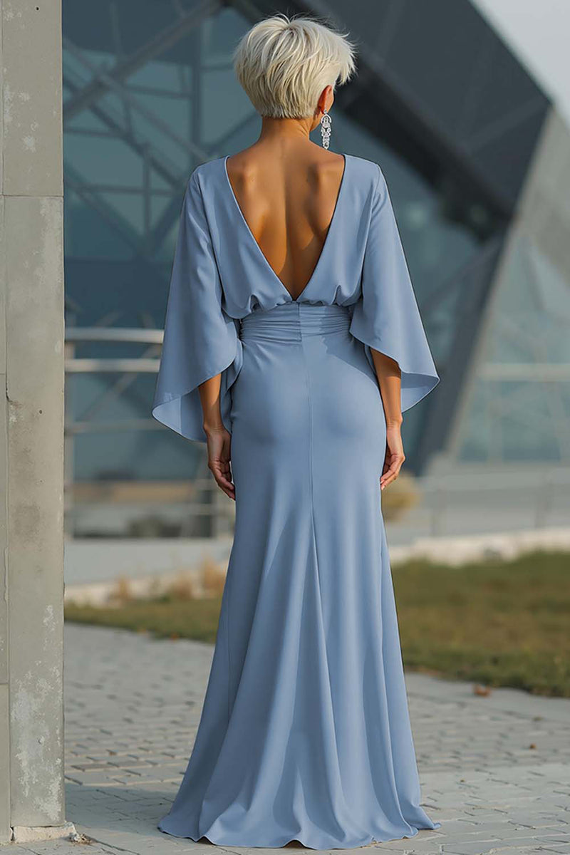 Load image into Gallery viewer, Silver Satin Long Mermaid Mother of the Bride Dress with Sleeves