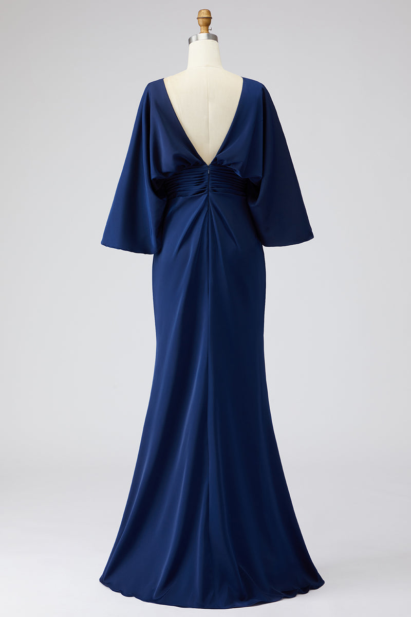 Load image into Gallery viewer, Silver Satin Long Mermaid Mother of the Bride Dress with Sleeves