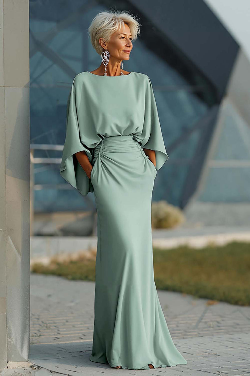 Load image into Gallery viewer, Silver Satin Long Mermaid Mother of the Bride Dress with Sleeves