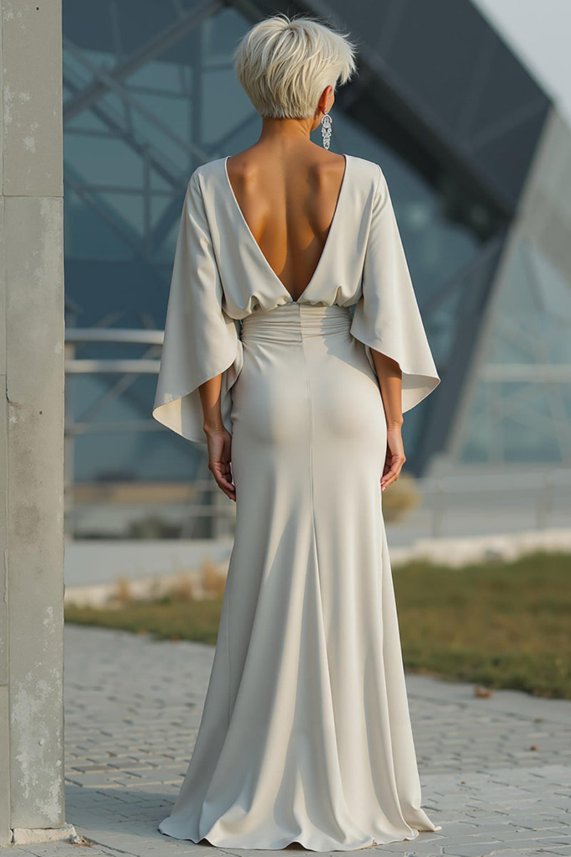Load image into Gallery viewer, Silver Satin Long Mermaid Mother of the Bride Dress with Sleeves