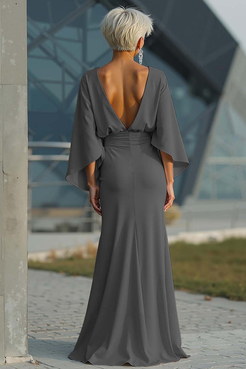 Load image into Gallery viewer, Silver Satin Long Mermaid Mother of the Bride Dress with Sleeves