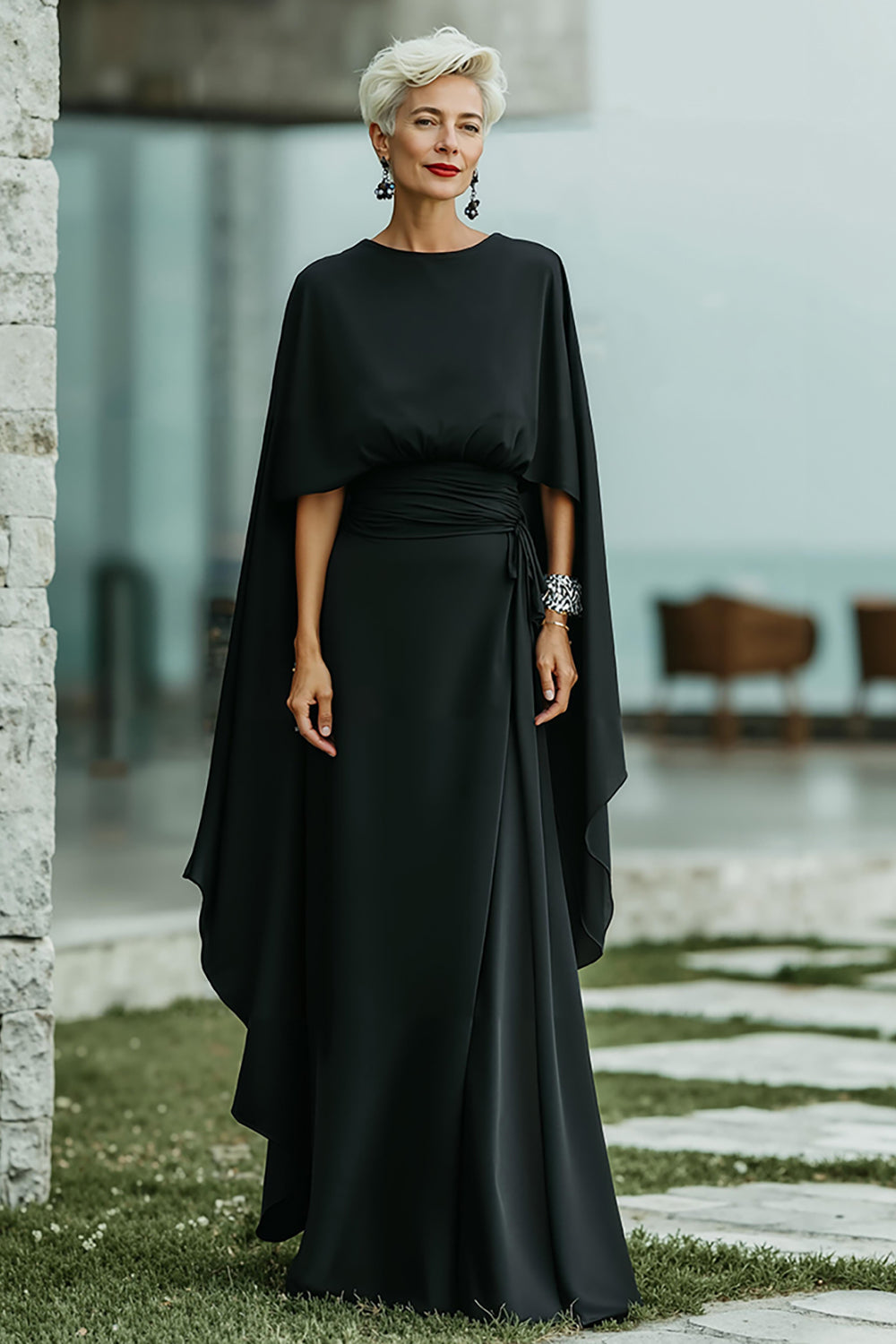 Round Neck Black Long Mother of the Bride Dress with Cape
