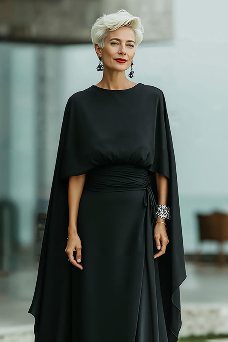 Load image into Gallery viewer, Round Neck Black Long Mother of the Bride Dress with Cape