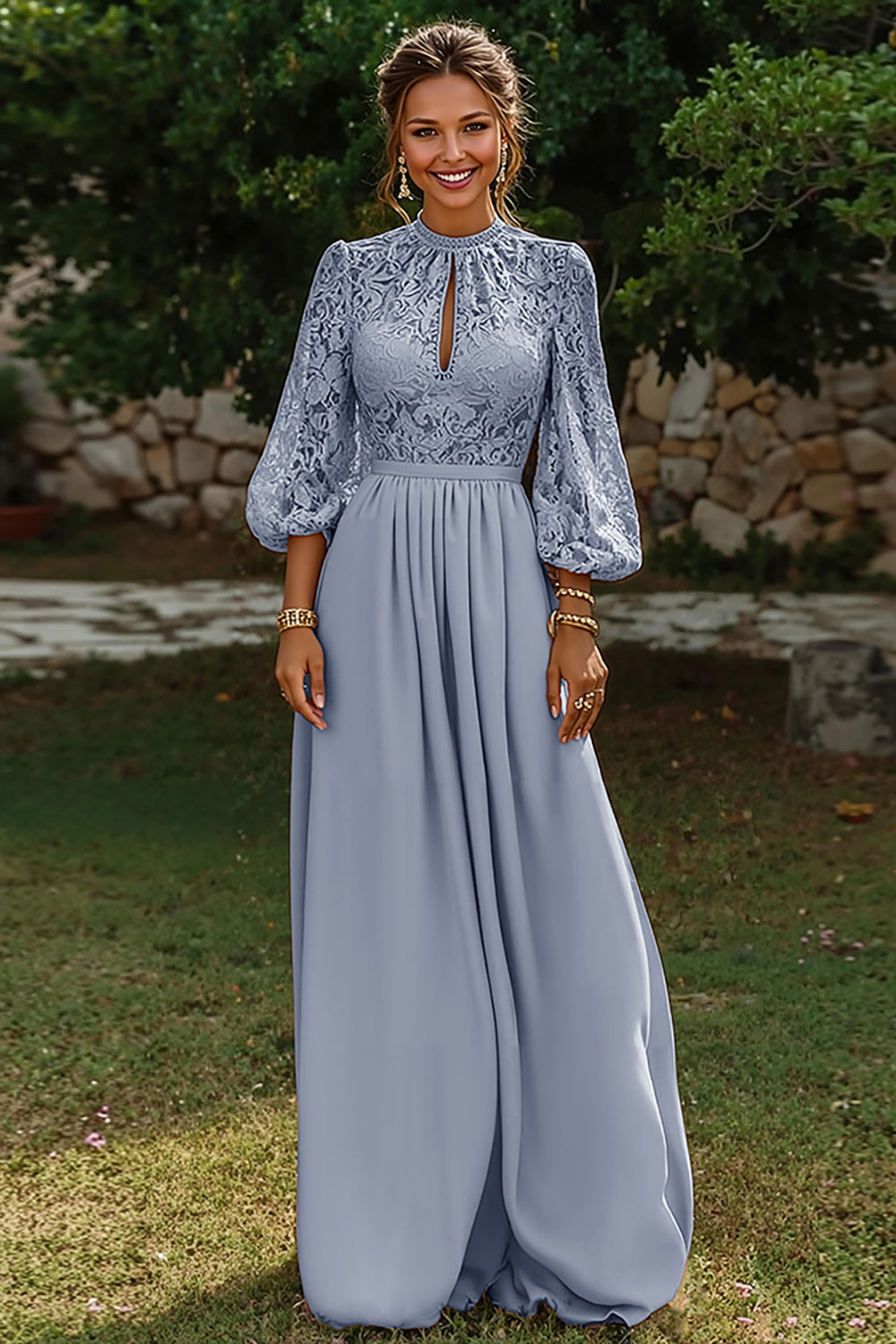 Dusty Blue A Line Puff Sleeves Long Mother of the Bride Dress with Keyhole
