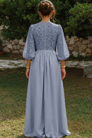 Load image into Gallery viewer, Dusty Blue A Line Puff Sleeves Long Mother of the Bride Dress with Keyhole