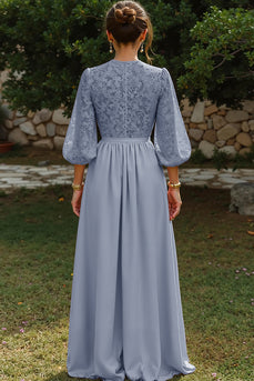 Dusty Blue A Line Puff Sleeves Long Mother of the Bride Dress with Keyhole