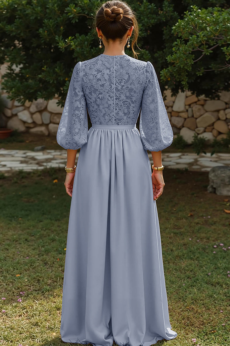Load image into Gallery viewer, Dusty Blue A Line Puff Sleeves Long Mother of the Bride Dress with Keyhole