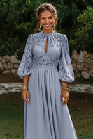 Load image into Gallery viewer, Dusty Blue A Line Puff Sleeves Long Mother of the Bride Dress with Keyhole
