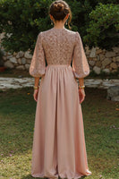 Load image into Gallery viewer, Dusty Blue A Line Puff Sleeves Long Mother of the Bride Dress with Keyhole