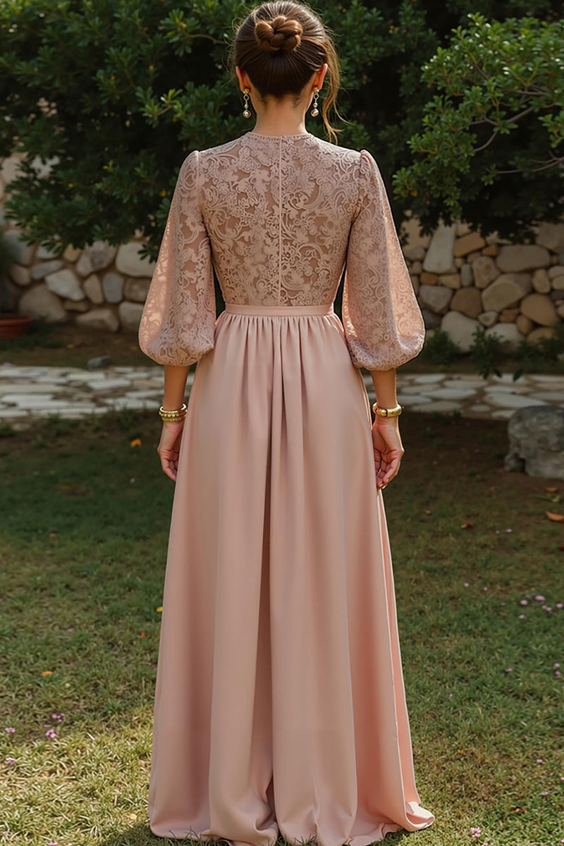 Load image into Gallery viewer, Dusty Blue A Line Puff Sleeves Long Mother of the Bride Dress with Keyhole