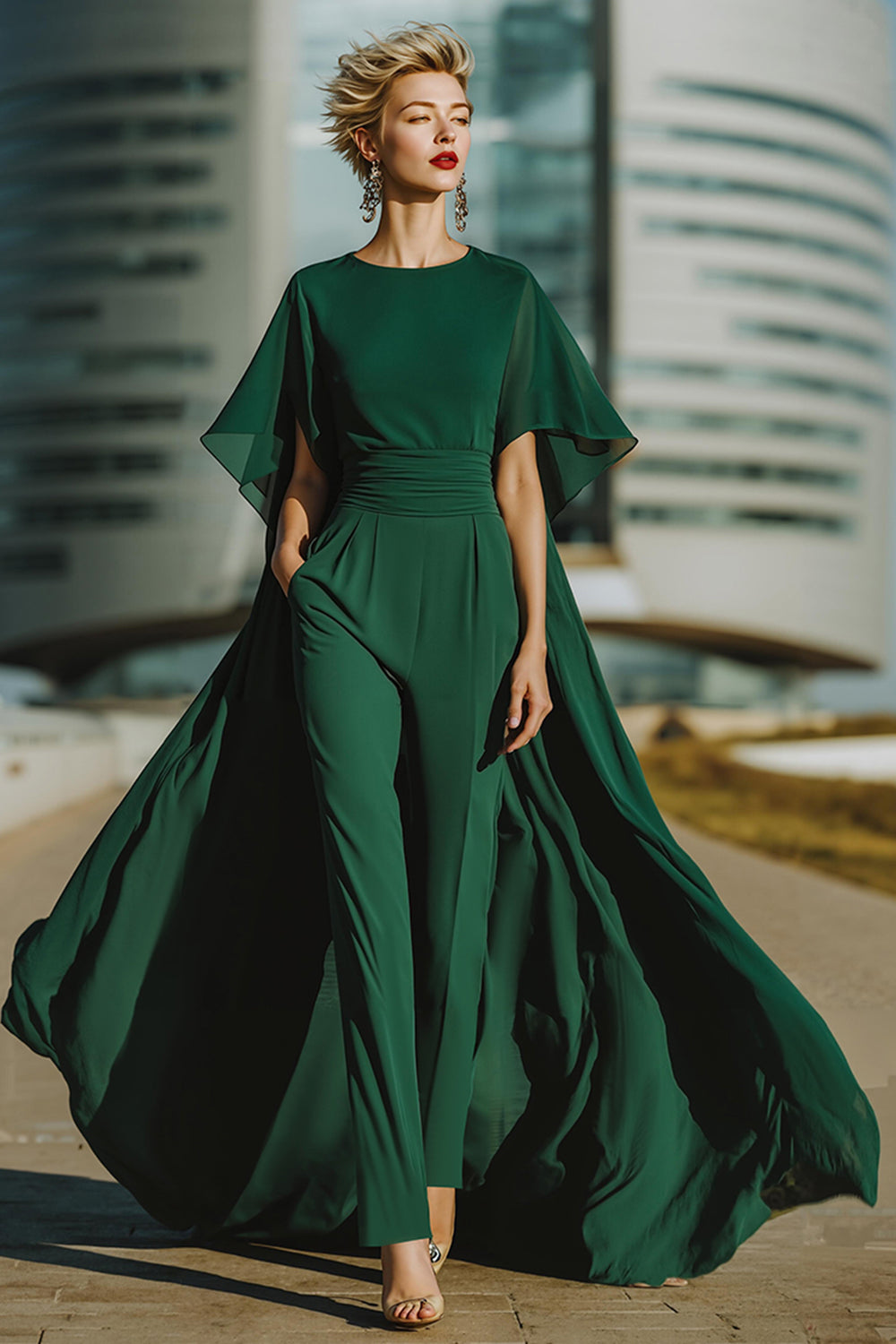 Round Neck Dark Green Long Mother of the Bride Pantsuits with Cape