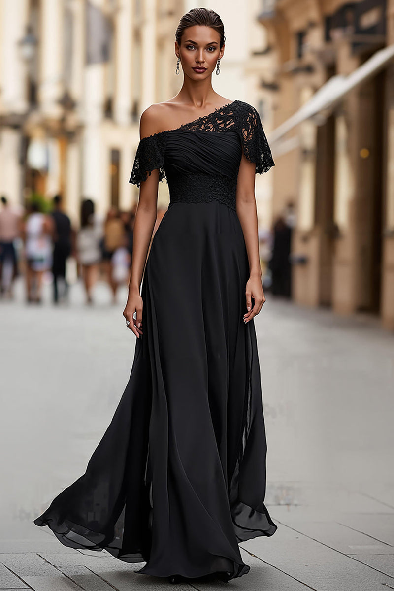 Load image into Gallery viewer, One Shoulder Black A Line Long Mother of the Bride Dress with Lace