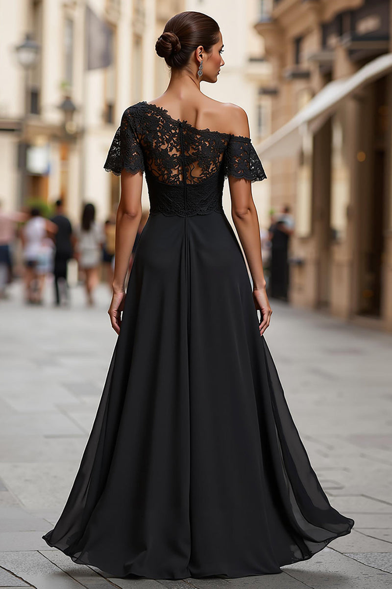 Load image into Gallery viewer, One Shoulder Black A Line Long Mother of the Bride Dress with Lace