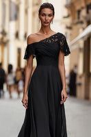 Load image into Gallery viewer, One Shoulder Black A Line Long Mother of the Bride Dress with Lace