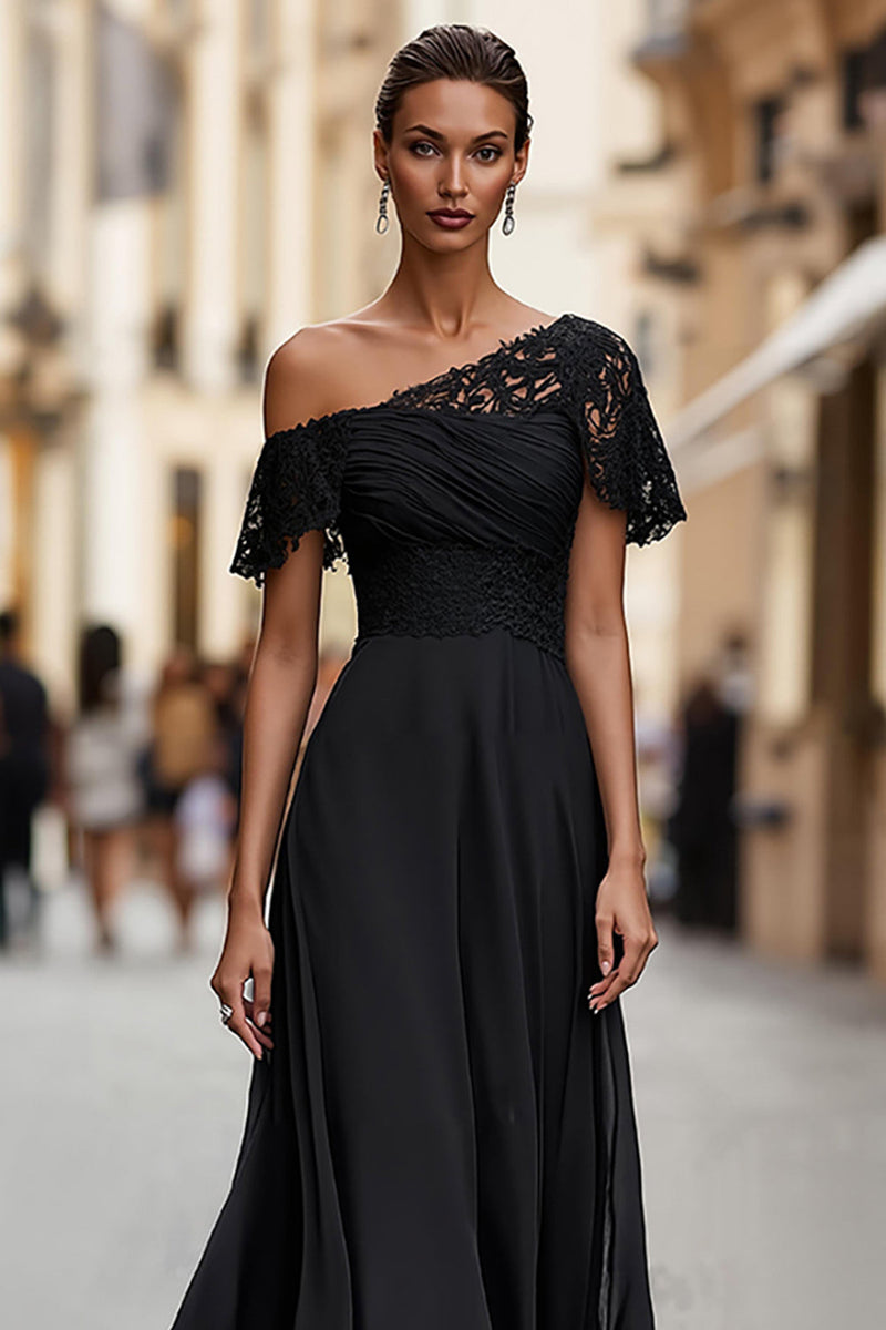 Load image into Gallery viewer, One Shoulder Black A Line Long Mother of the Bride Dress with Lace