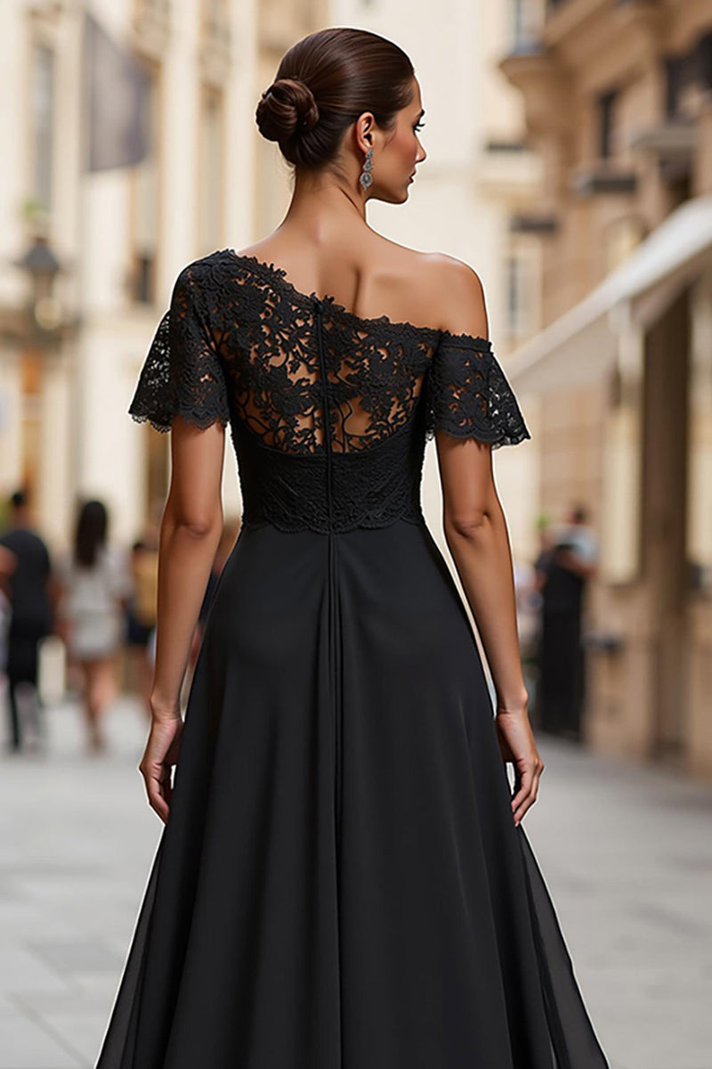 Load image into Gallery viewer, One Shoulder Black A Line Long Mother of the Bride Dress with Lace