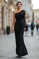 Load image into Gallery viewer, One Shoulder Black Long Mermaid Mother of the Bride Dress with Lace