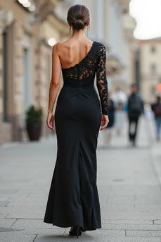 One Shoulder Black Long Mermaid Mother of the Bride Dress with Lace
