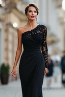 Load image into Gallery viewer, One Shoulder Black Long Mermaid Mother of the Bride Dress with Lace