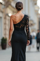 Load image into Gallery viewer, One Shoulder Black Long Mermaid Mother of the Bride Dress with Lace