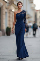 Load image into Gallery viewer, One Shoulder Black Long Mermaid Mother of the Bride Dress with Lace