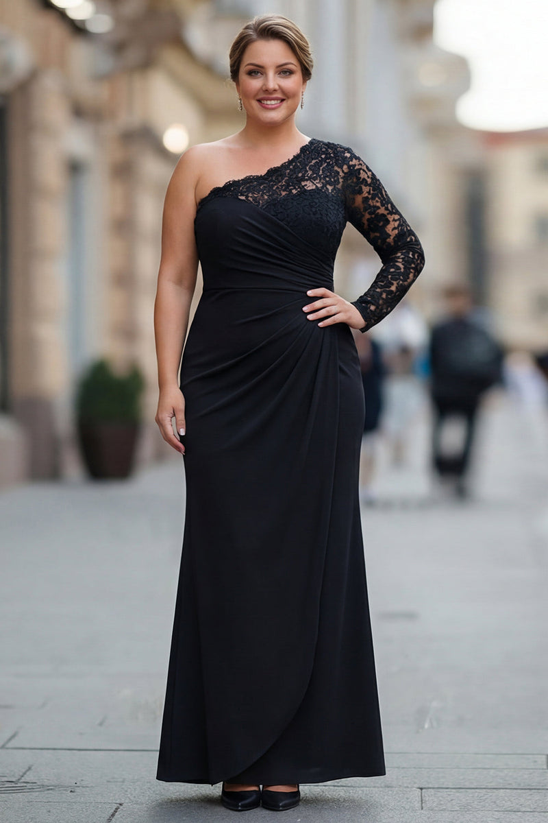 Load image into Gallery viewer, Plus Size Black Mermaid One Shoulder Long Sleeves Mother of the Bride Dress with Lace