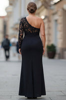 Load image into Gallery viewer, Plus Size Black Mermaid One Shoulder Long Sleeves Mother of the Bride Dress with Lace