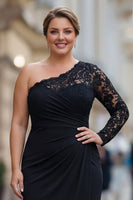 Load image into Gallery viewer, Plus Size Black Mermaid One Shoulder Long Sleeves Mother of the Bride Dress with Lace