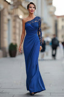 Load image into Gallery viewer, One Shoulder Black Long Mermaid Mother of the Bride Dress with Lace