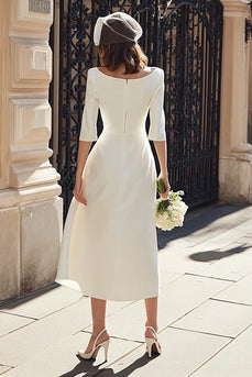 Ivory Boat Neck Satin Midi Wedding Dress with Sleeves