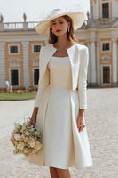 Load image into Gallery viewer, 2 Piece Ivory Boat Neck Satin Midi Wedding Dress with Jacket