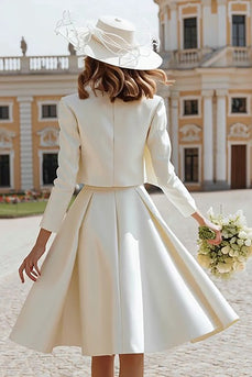 2 Piece Ivory Boat Neck Satin Midi Wedding Dress with Jacket