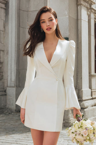 Ivory Flare Sleeves Shawl Lapel Bodycon Short Blazer Wedding Dress
