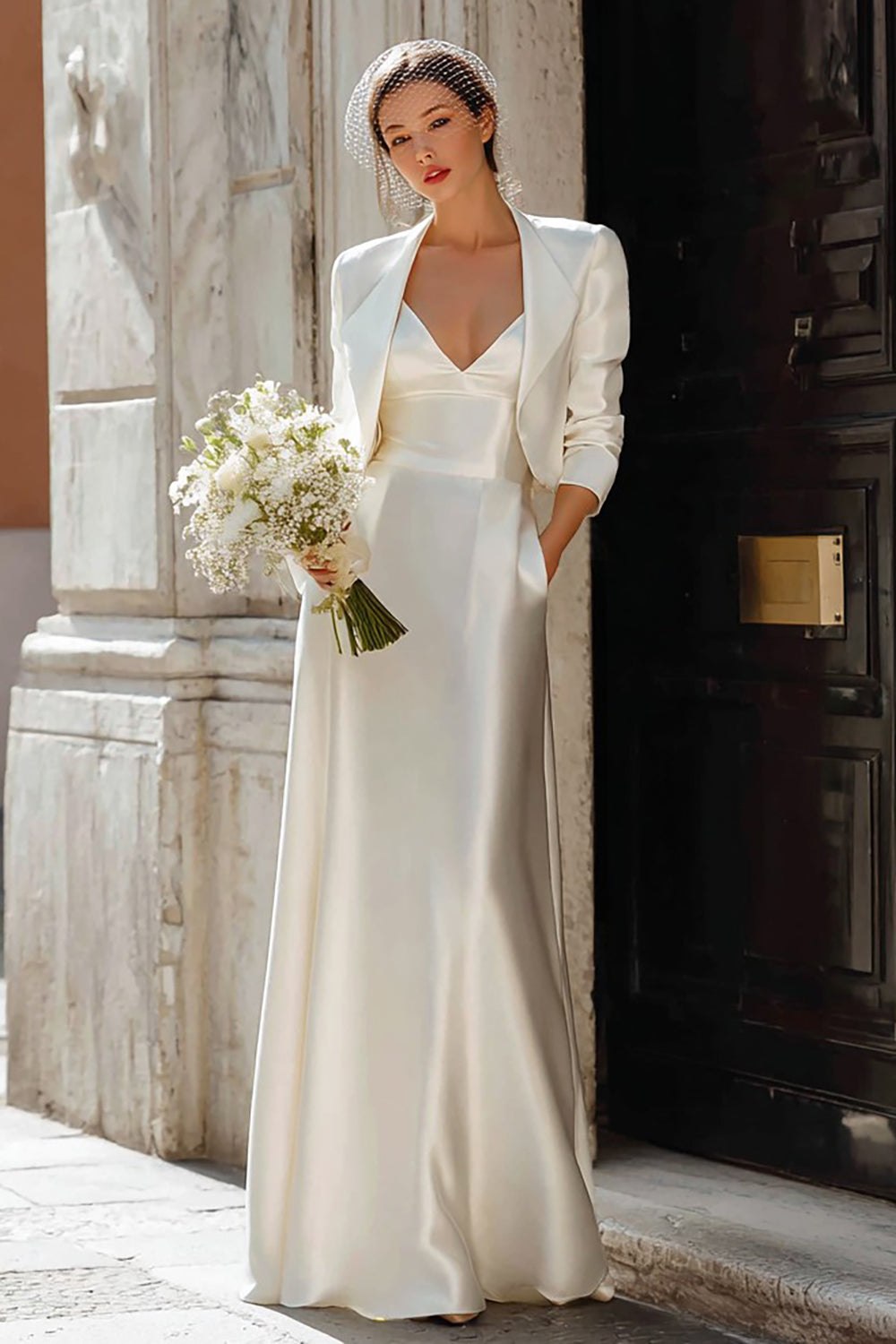 Ivory 2 Piece V Neck Satin Sheath Floor Length Wedding Dress with Jacket