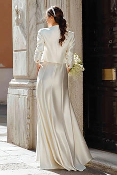Ivory 2 Piece V Neck Satin Sheath Floor Length Wedding Dress with Jacket