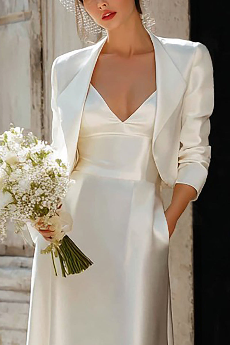 Load image into Gallery viewer, Ivory 2 Piece V Neck Satin Sheath Floor Length Wedding Dress with Jacket