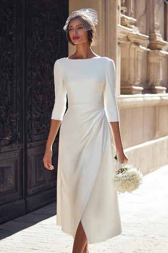 Ivory A Line Bateau Neck Satin Midi Wedding Dress