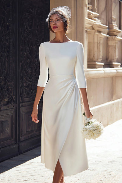 Ivory A Line Bateau Neck Satin Midi Wedding Dress
