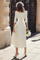Load image into Gallery viewer, Ivory A Line Bateau Neck Satin Midi Wedding Dress