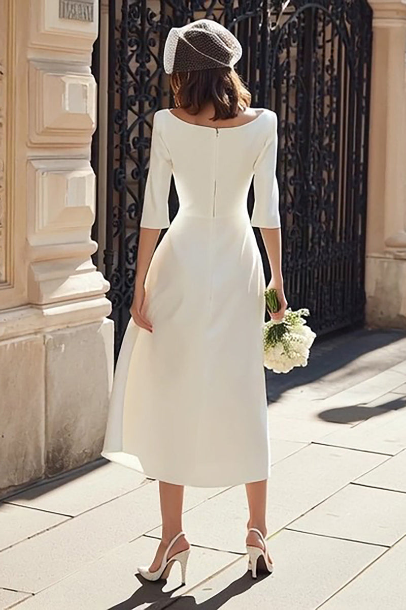 Load image into Gallery viewer, Ivory A Line Bateau Neck Satin Midi Wedding Dress