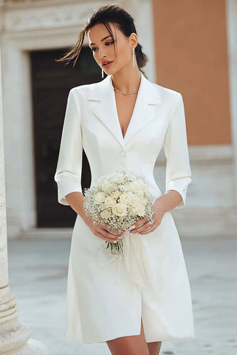 Ivory Notched Lapel Satin A Line Short Blazer Wedding Dress with Sleeves