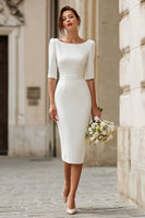 Load image into Gallery viewer, Ivory Boat Neck Bodycon Satin Midi Wedding Dress with Sleeves