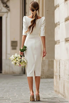Ivory Boat Neck Bodycon Satin Midi Wedding Dress with Sleeves