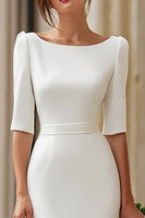 Load image into Gallery viewer, Ivory Boat Neck Bodycon Satin Midi Wedding Dress with Sleeves