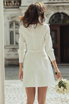 Ivory Boat Neck Bodycon Short Wedding Dress with Buttons