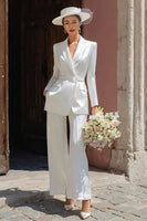 Load image into Gallery viewer, Ivory Notched Lapel Satin Maxi Blazer Wedding Pant Suits with Belt