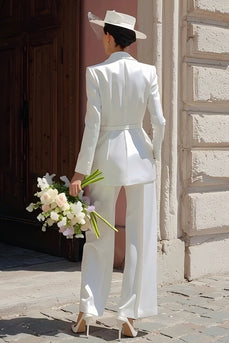 Ivory Notched Lapel Satin Maxi Blazer Wedding Pant Suits with Belt