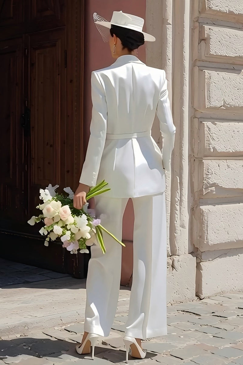 Load image into Gallery viewer, Ivory Notched Lapel Satin Maxi Blazer Wedding Pant Suits with Belt