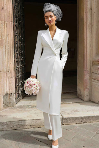 2 Piece Ivory Peak Lapel Maxi Blazer Wedding Pant Suits with Button